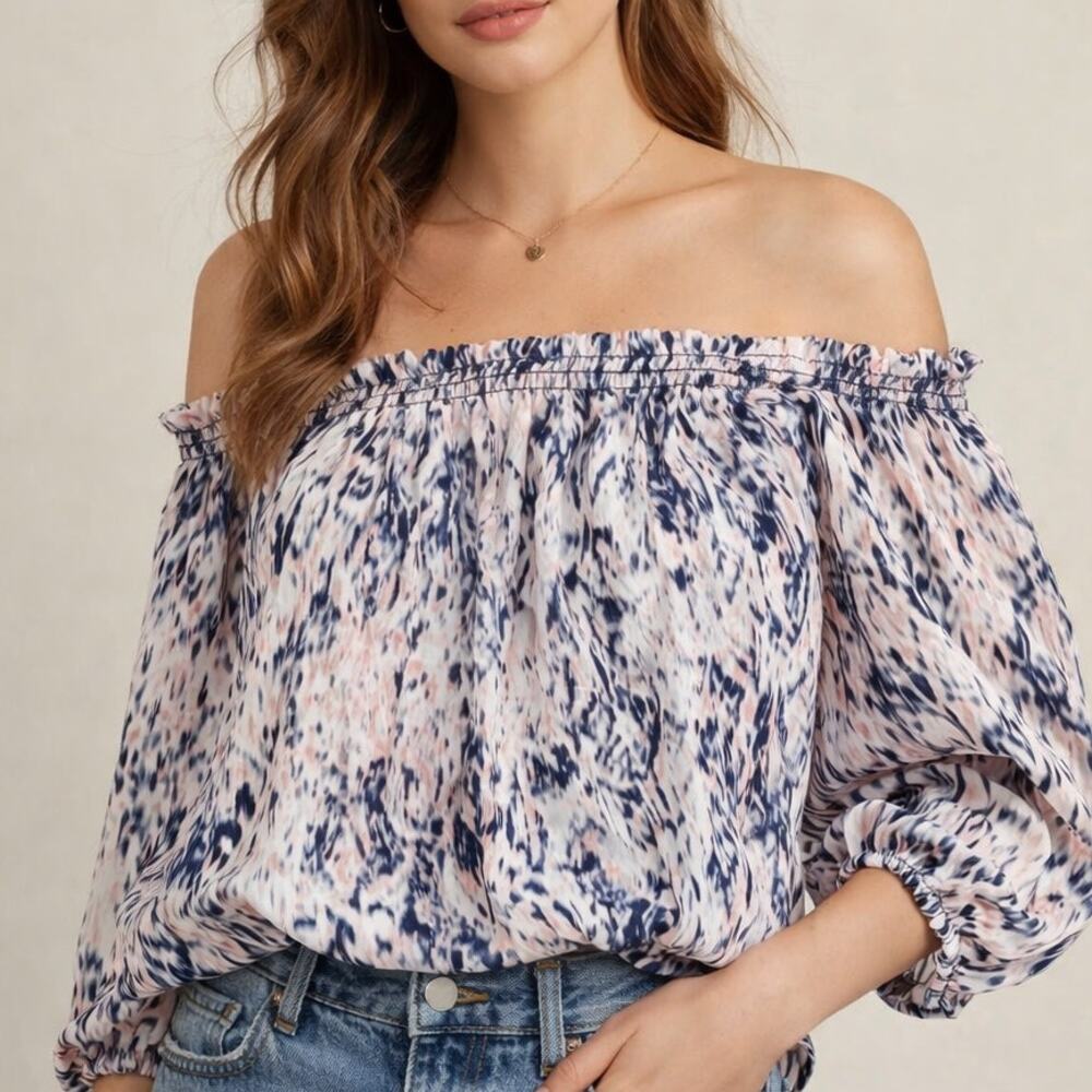 AQUA Off Shoulder Blouse Pink Navy Abstract Animal‎ Print Smocked XS